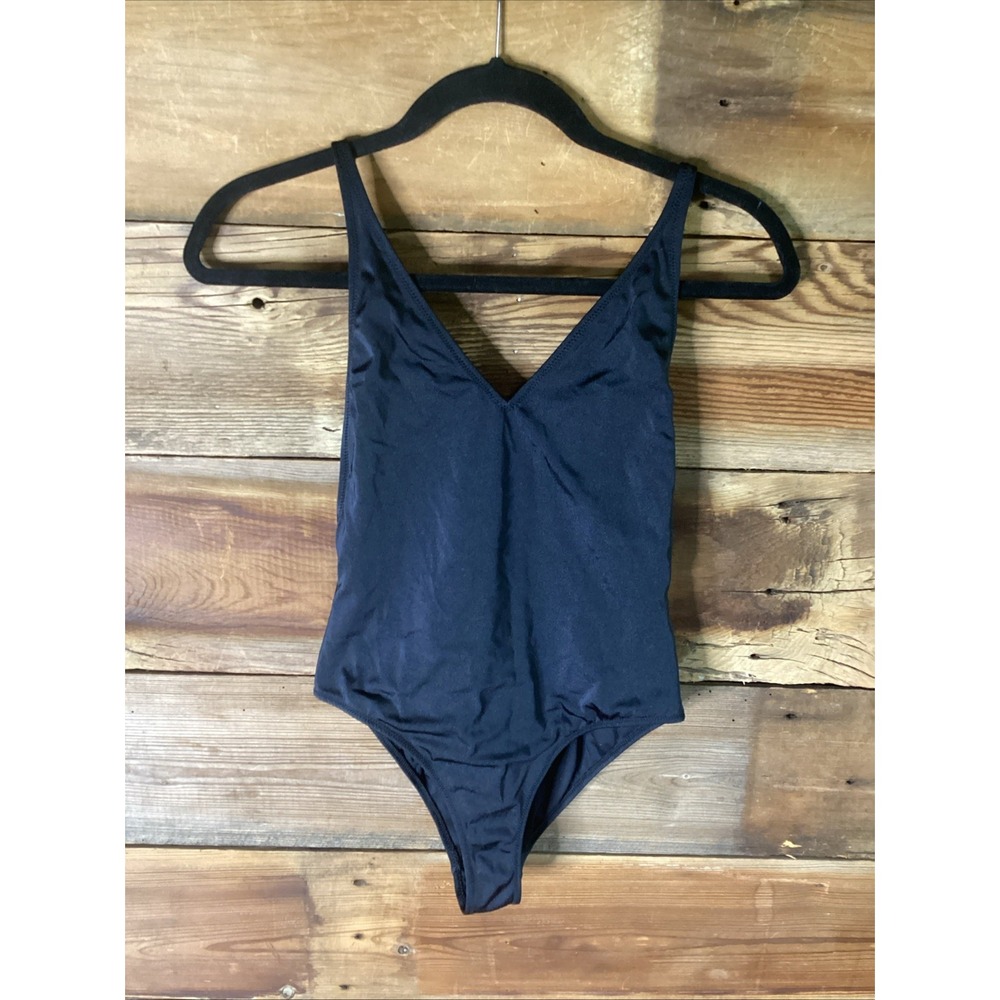 Topshop One Piece V-Neck Black Sheen Swimsuit Swimwear Size US 6 UK 10